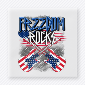 Freedom Rocks Guitars Bright Patriotic DTF transfer mockup with bright Freedom Rocks wording with crossed patriotic guitars