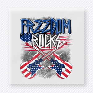Freedom Rocks Guitars Bold Patriotic DTF transfer mockup with bold Freedom Rocks wording with crossed patriotic guitars