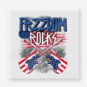 Freedom Rocks Guitars Clean Patriotic DTF transfer mockup with clean Freedom Rocks wording with crossed patriotic guitars
