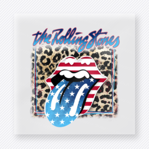Rolling Stones Patriotic Tongue Leopard Patriotic DTF transfer mockup with Rolling Stones tongue artwork with patriotic and leopard accents