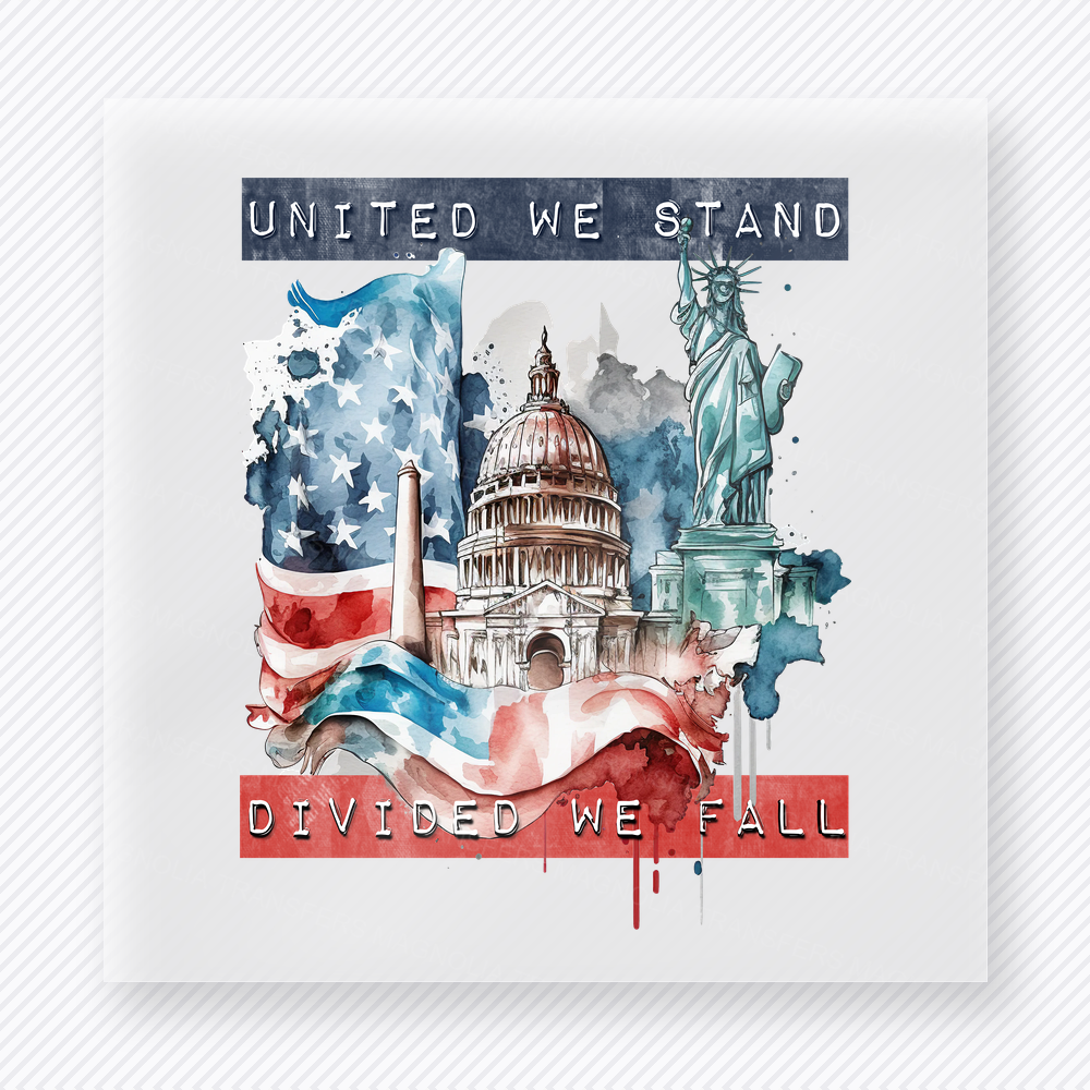 United We Stand Divided We Fall Patriotic DTF transfer mockup with United We Stand Divided We Fall patriotic collage with Capitol and Statue of Liberty