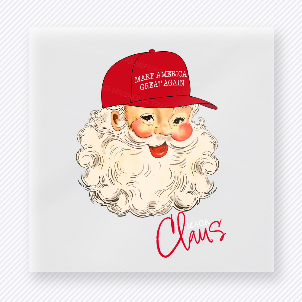 MAGA Claus Political DTF transfer mockup with Santa face wearing Make America Great Again hat with Claus script
