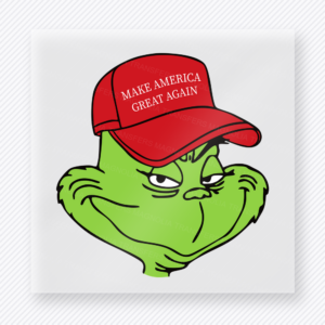 MAGA Grinch Face Political DTF transfer mockup with Grinch face wearing Make America Great Again hat