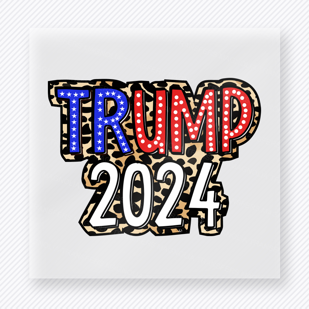Trump 2024 Black Gold Political DTF transfer mockup with Trump 2024 lettering in black, gold, and red patriotic colors