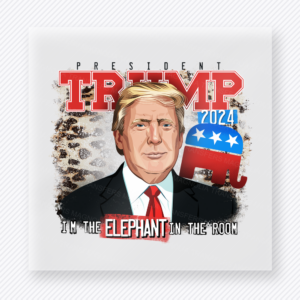 Trump 2024 Elephant In The Room Leopard Political DTF transfer mockup with President Trump 2024 artwork with Elephant In The Room wording and leopard background