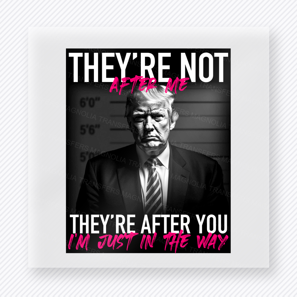Theyre Not After Me Pink Political DTF transfer mockup with Theyre Not After Me Theyre After You Im Just In The Way wording with Trump mugshot style