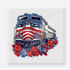 Patriotic Train Political DTF transfer mockup with train illustration with American flag colors and red flowers