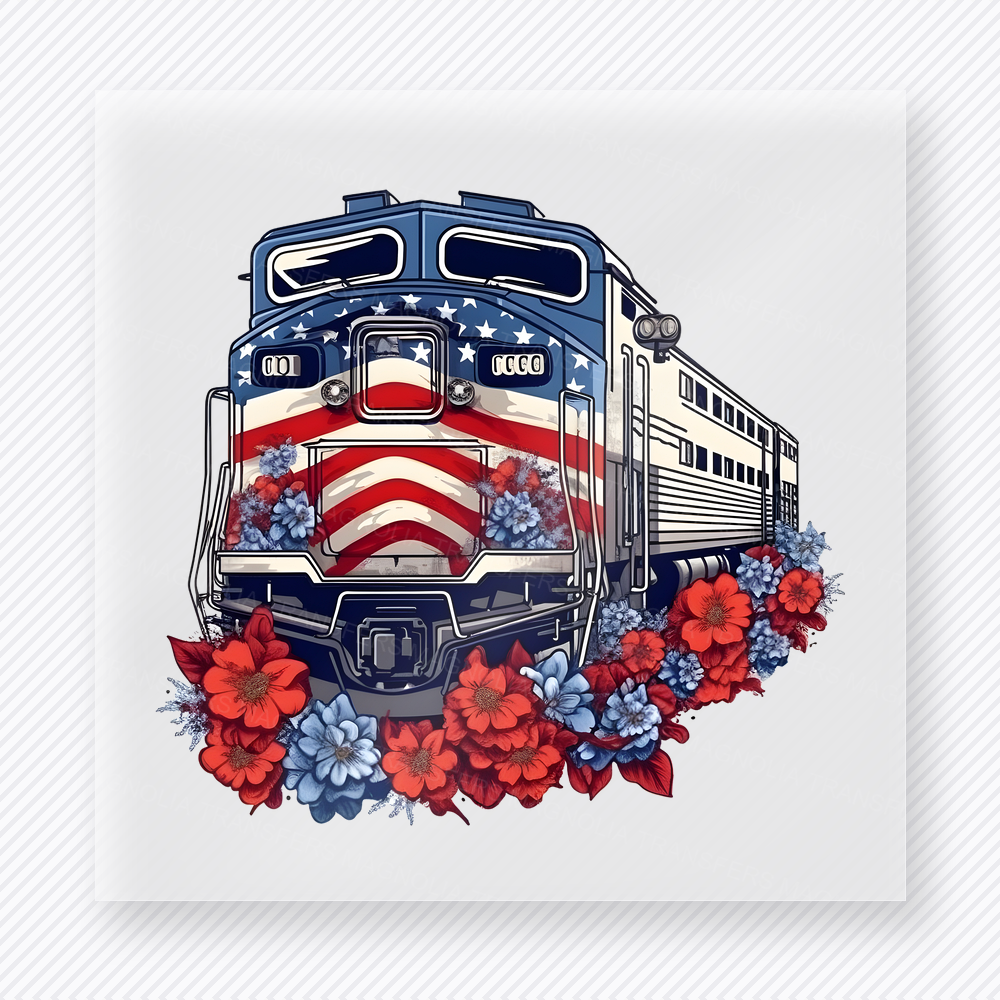 Patriotic Train Political DTF transfer mockup with train illustration with American flag colors and red flowers