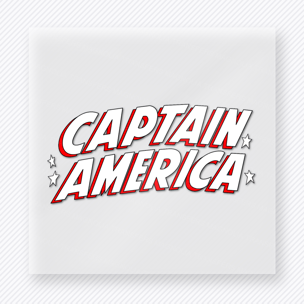 Captain America Political DTF transfer mockup with Captain America lettering in red, white, and blue