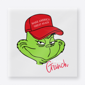 MAGA Grinch Script Political DTF transfer mockup with Grinch face wearing Make America Great Again hat with MAGA Grinch script