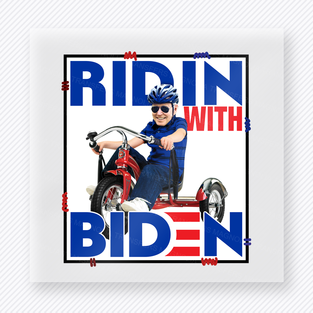 Ridin With Biden Classic Political DTF transfer mockup with Ridin With Biden wording with patriotic border