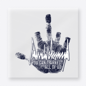 You Cant Arrest All Of Us Navy Hand Political DTF transfer mockup with navy handprint and heartbeat artwork with You Cant Arrest All Of Us wording