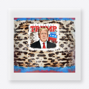 Trump 2024 Leopard Square Political DTF transfer mockup with Trump 2024 artwork with leopard patterned background