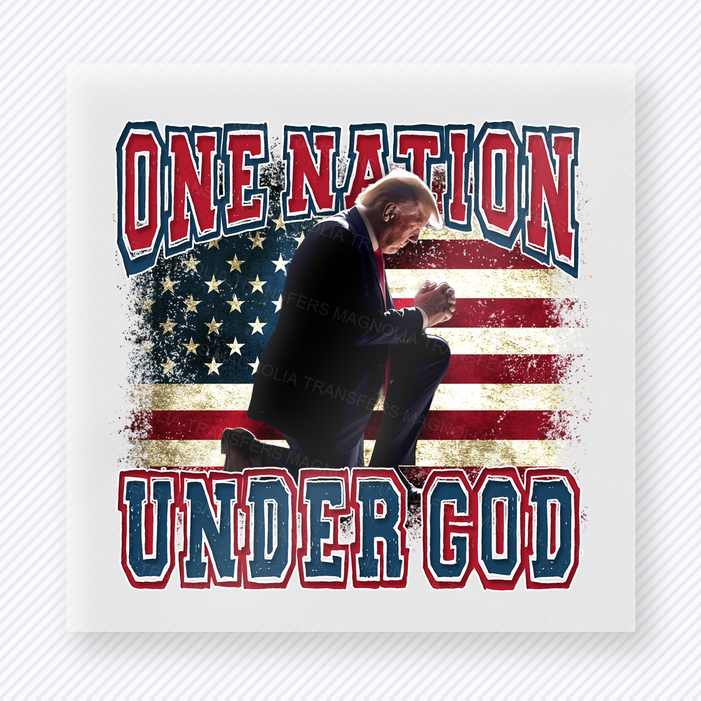 One Nation Under God Flag Political DTF transfer mockup with One Nation Under God wording with kneeling figure and American flag