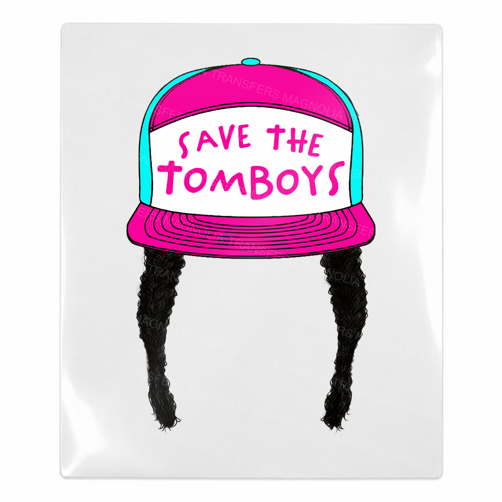 Save The Tomboys Neon Pink Hat Black Braids Activist & Awareness UV transfer for hard-surface products