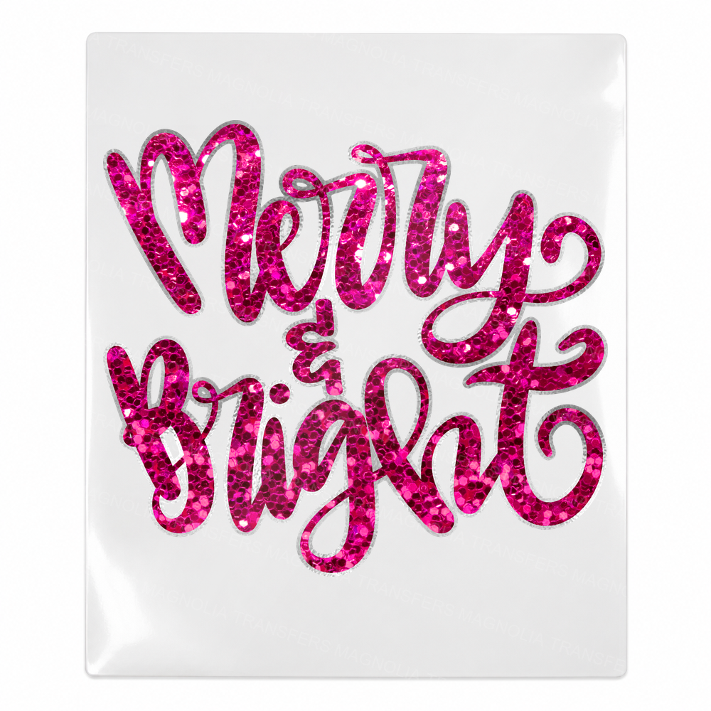 Merry And Bright Pink Script Christmas UV transfer for hard-surface products