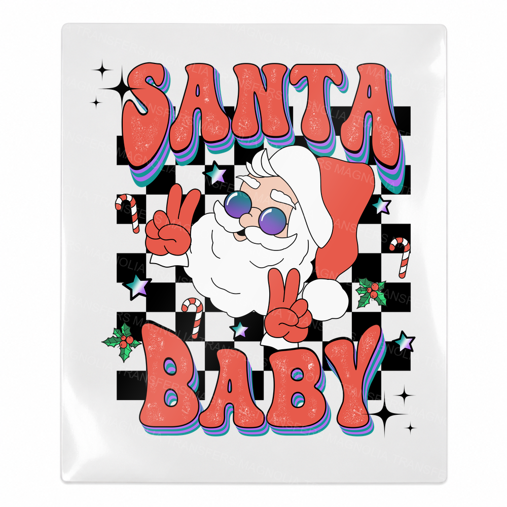 Santa Baby Checkerboard Christmas UV transfer for hard-surface products