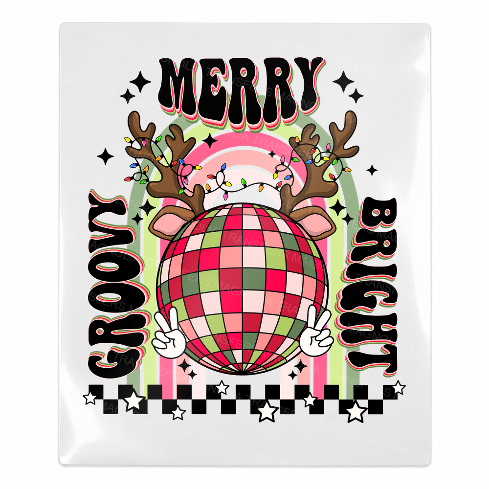 Merry And Bright Groovy Disco Reindeer Christmas UV transfer for hard-surface products