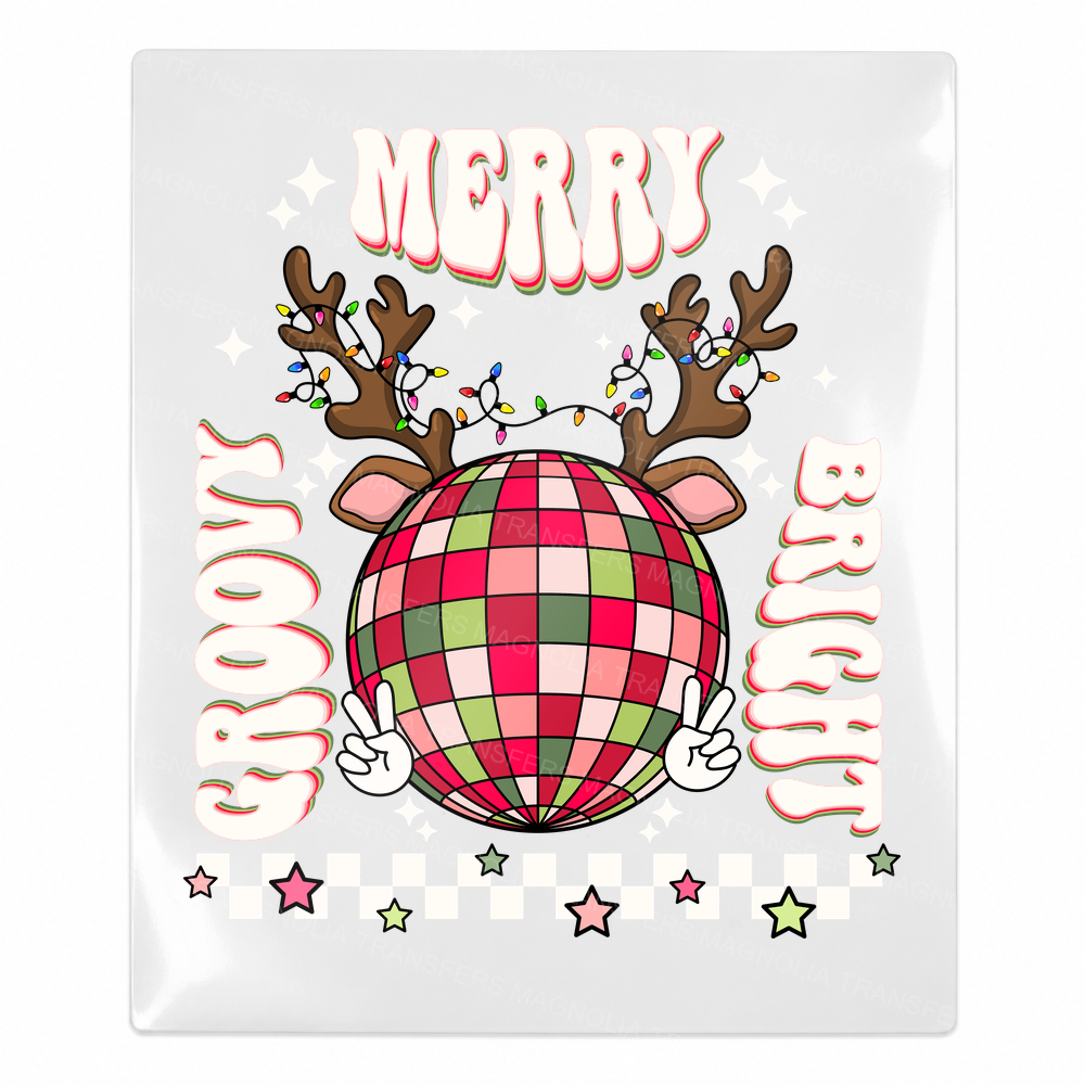 Merry And Bright White Plaid Disco Reindeer Christmas UV transfer for hard-surface products