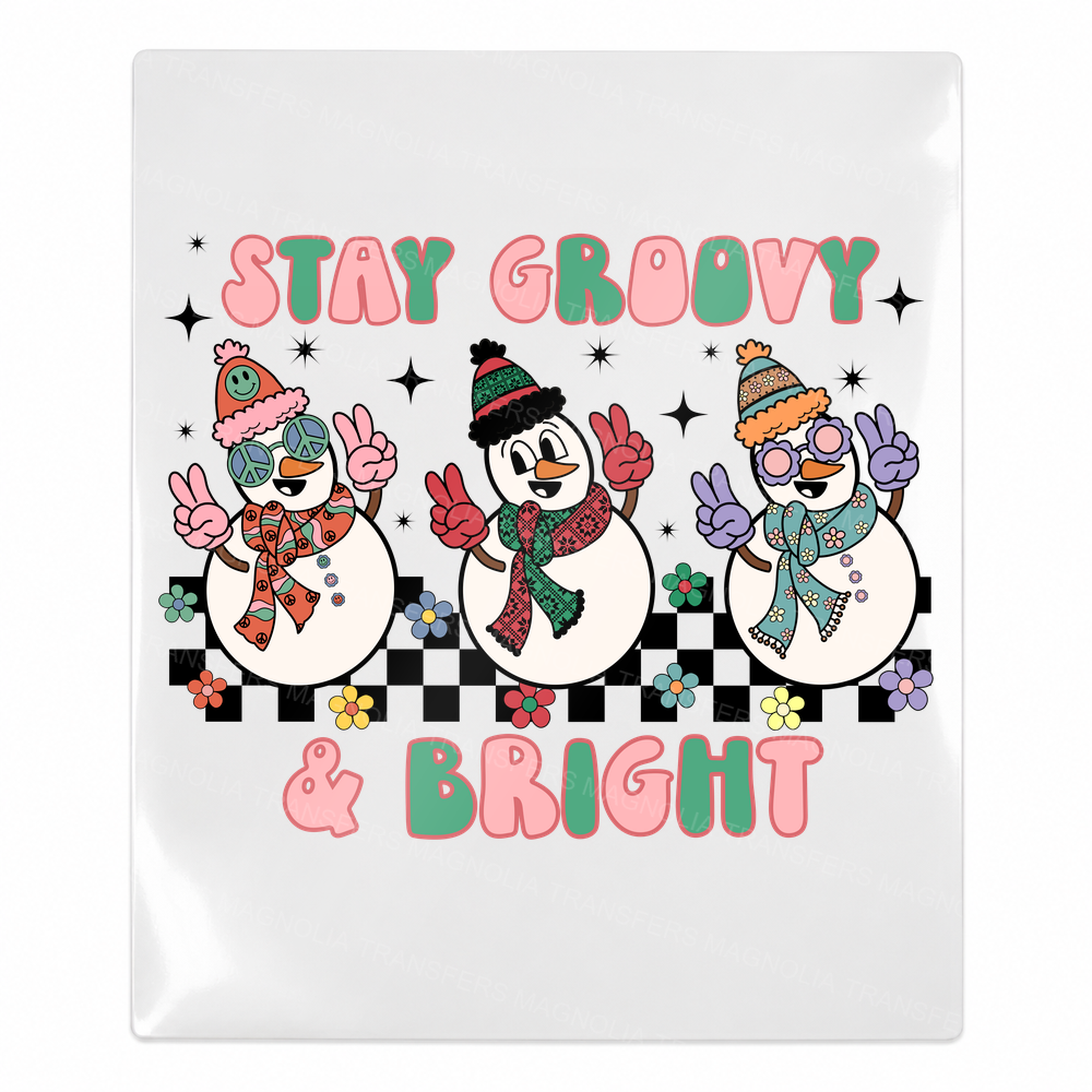 Stay Groovy And Bright Snowmen Christmas UV transfer for hard-surface products