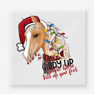 Giddy Up Jingle Horse Christmas DTF transfer featuring a Christmas horse design with Santa hat, lights, and giddy up jingle horse lettering