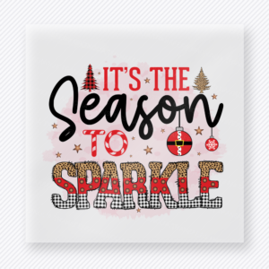 Season To Sparkle Christmas DTF transfer featuring a festive season to sparkle design with plaid, leopard, and holiday ornaments