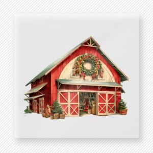 Christmas Barn Christmas DTF transfer featuring a red barn decorated with wreath and snowy Christmas greenery
