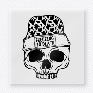 Freezing To Death Skull Christmas DTF transfer featuring a skull wearing a cow print winter hat with freezing to death lettering