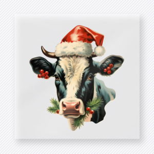 Christmas Cow Santa Hat Christmas DTF transfer featuring a realistic cow wearing a Santa hat with holiday greenery