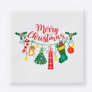 Merry Christmas Gifts Christmas DTF transfer featuring a merry Christmas design with gifts, ornaments, tree, and festive greenery