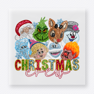 Christmas Crew Characters Christmas DTF transfer featuring a Christmas crew design with colorful holiday character faces