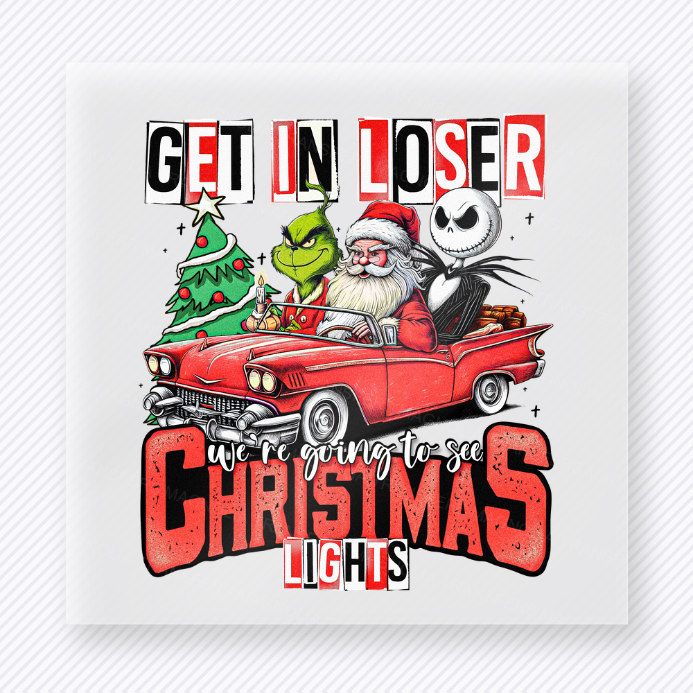 Get In Loser Christmas Lights Red Car Christmas DTF Transfers
