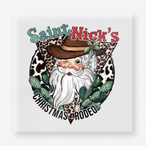 Saint Nick's Christmas Rodeo Christmas DTF transfer featuring a western Santa rodeo design with cowboy hat and leopard print accents