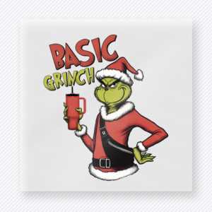 Basic Grinch Red Christmas DTF transfer featuring a Grinch-inspired basic Grinch design with red outfit and drink cup