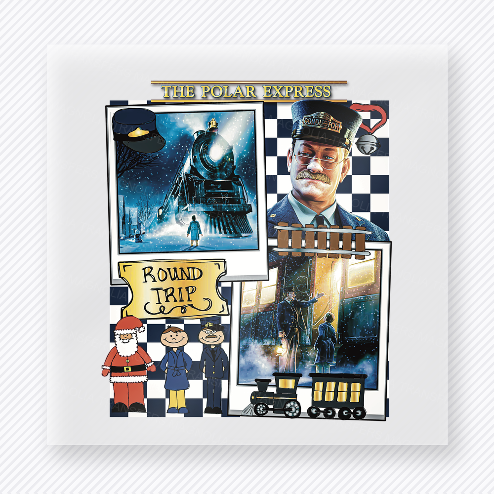 Polar Express Round Trip Christmas DTF transfer featuring a Polar Express-inspired round trip ticket and train collage design