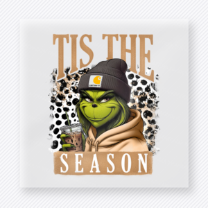 Tis The Season Grinch Cap Christmas DTF transfer featuring a Grinch-inspired tis the season design with cap and leopard print background