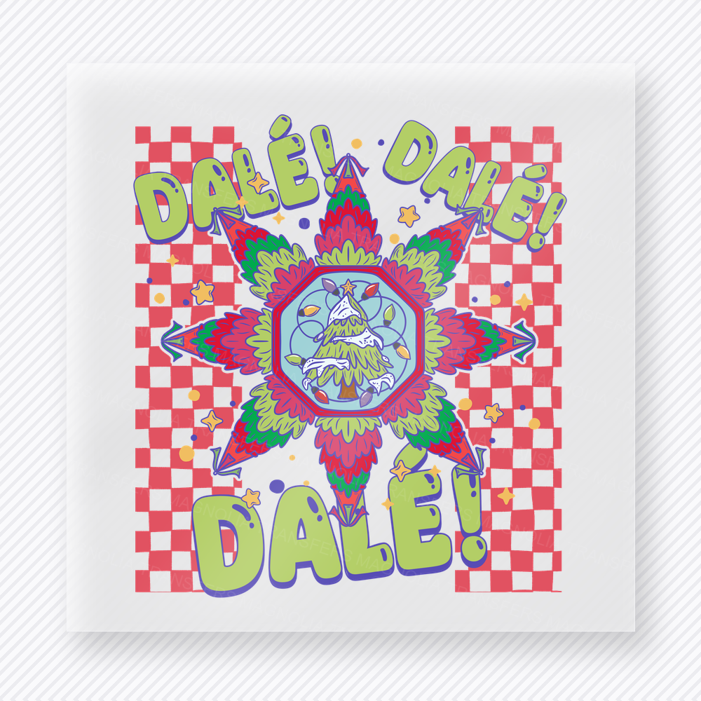 Dale Dale Dale Christmas Christmas DTF transfer featuring a bright dale dale dale Christmas piñata-inspired design with checkerboard background