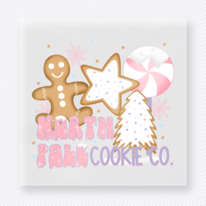 North Pole Bakery Cookie Co Christmas DTF transfer featuring a pastel cookie company design with gingerbread, star cookie, and candy cane