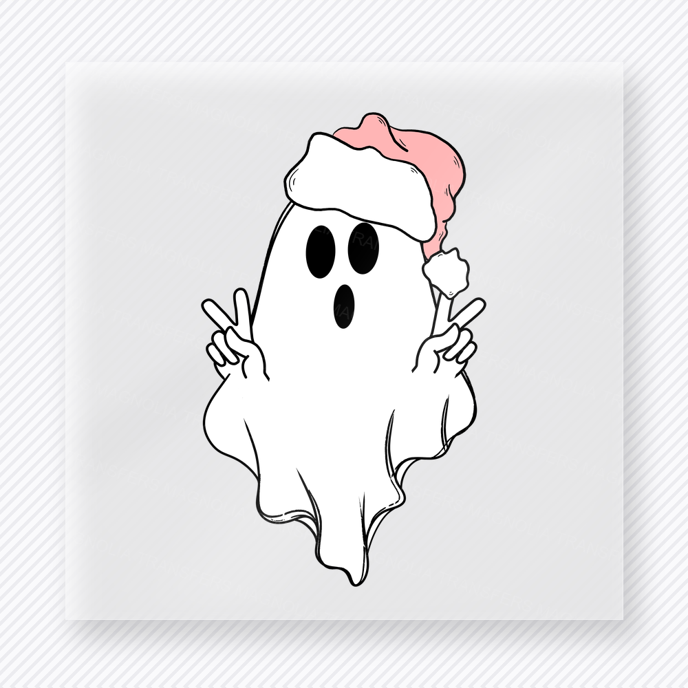 Santa Ghost Peace Signs Christmas DTF transfer featuring a cute ghost wearing a Santa hat and flashing peace signs