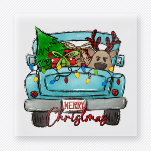Merry Christmas Blue Truck Christmas DTF transfer featuring a blue Christmas truck design filled with tree, reindeer, and holiday gifts