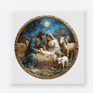 Nativity Scene Christmas DTF transfer featuring a classic nativity scene design with Mary, Joseph, baby Jesus, and animals