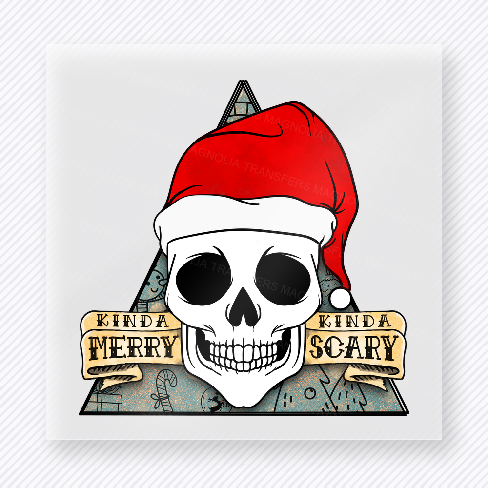 Kinda Merry Kinda Scary Skull Triangle Christmas DTF transfer featuring a skull wearing a Santa hat inside a triangle with kinda merry kinda scary lettering