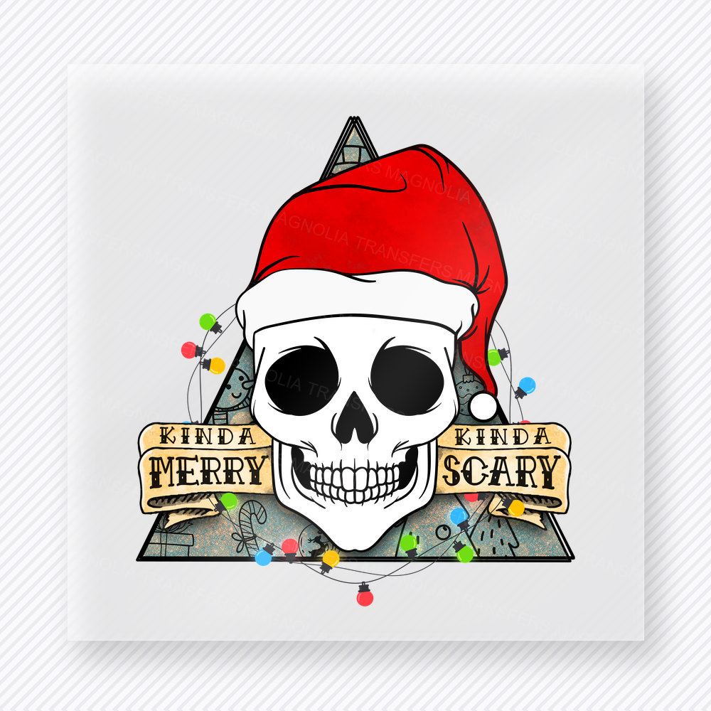 Kinda Merry Kinda Scary Skull Lights Christmas DTF transfer featuring a skull Santa triangle design with Christmas lights and kinda merry kinda scary lettering