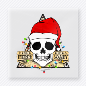 Kinda Merry Kinda Scary Skull Lights Christmas DTF transfer featuring a skull Santa triangle design with holiday lights and kinda merry kinda scary lettering