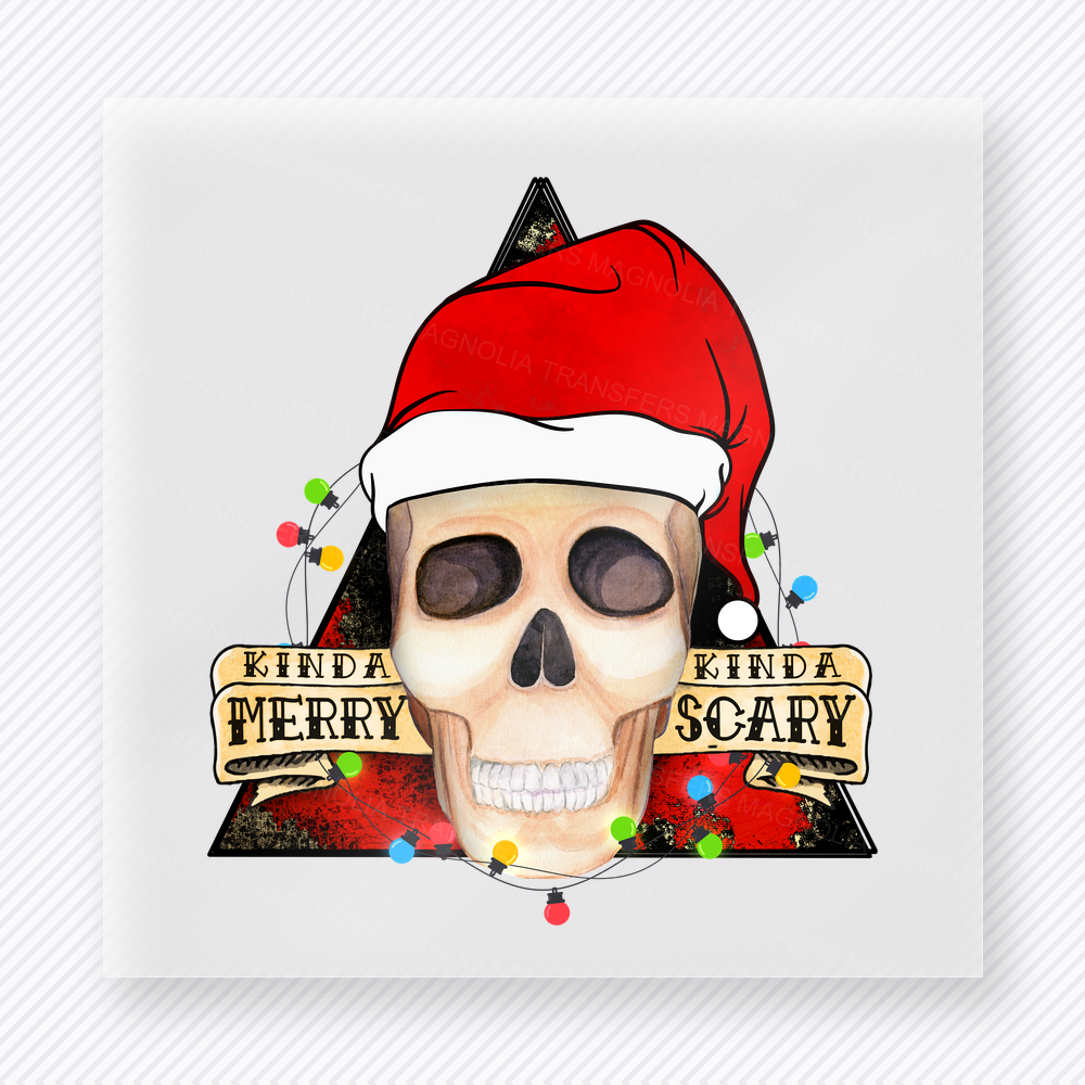 Kinda Merry Kinda Scary Beige Skull Red Christmas DTF transfer featuring a beige skull Santa triangle design with red background accents