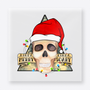 Kinda Merry Kinda Scary Beige Skull Green Christmas DTF transfer featuring a beige skull Santa triangle design with green background accents