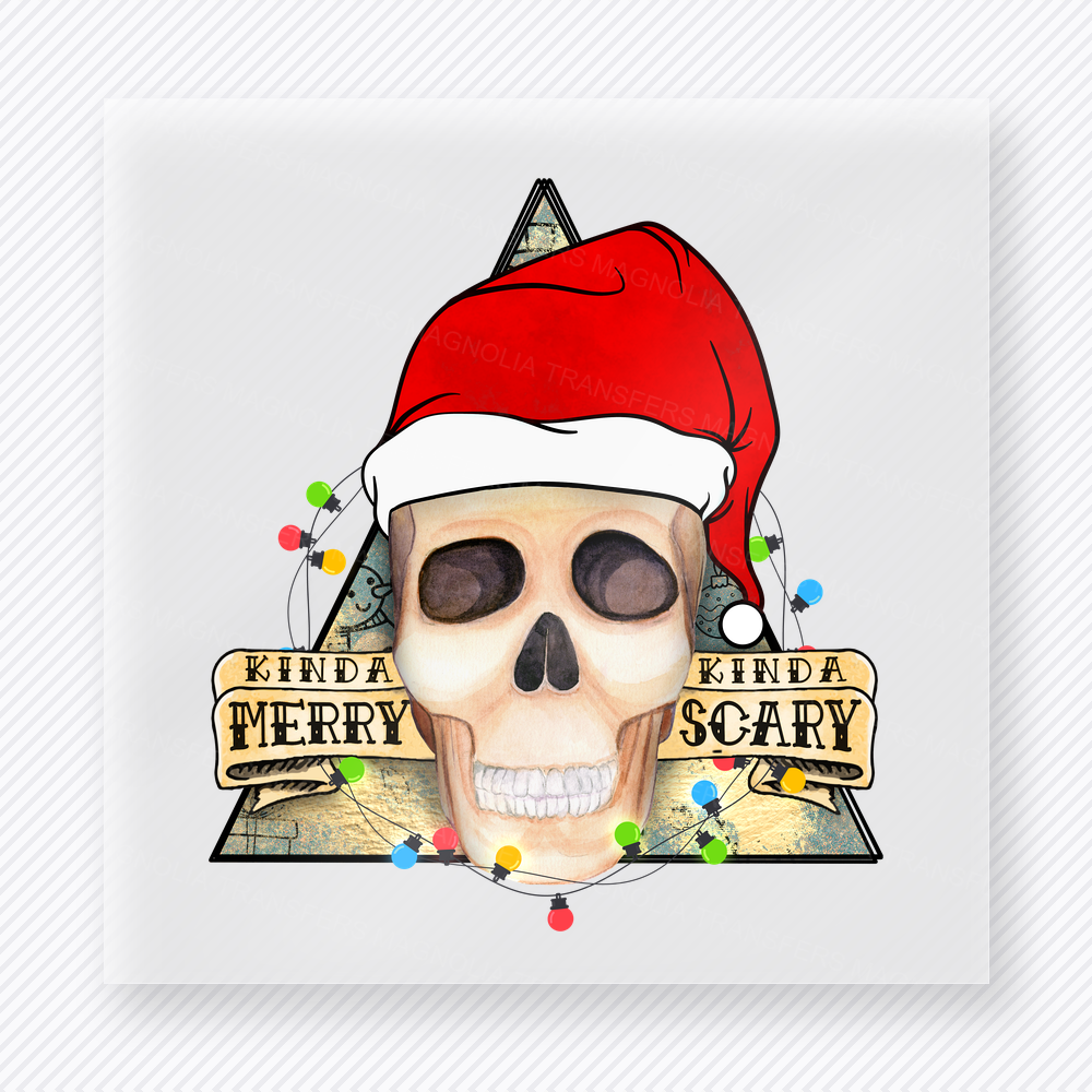 Kinda Merry Kinda Scary Beige Skull Green Christmas DTF transfer featuring a beige skull Santa triangle design with green background accents