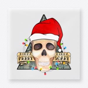 Kinda Merry Kinda Scary Beige Skull Christmas DTF transfer featuring a beige skull wearing a Santa hat with kinda merry kinda scary lettering