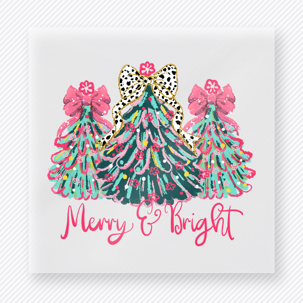 Merry And Bright Pink Trees Christmas DTF Transfers
