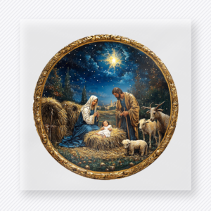 Round Nativity Scene Christmas DTF transfer featuring a round nativity scene design with Mary, Joseph, baby Jesus, animals, and starry night sky